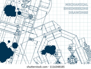 Blue Ink. Blots. Vector engineering illustration. Cover, flyer, banner, background. Instrument-making drawings. Mechanical engineering drawing. Technical illustration, background