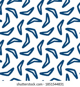 Blue ink boomerangs isolated on white background. Cute geometric monochrome seamless pattern. Vector flat graphic hand drawn illustration. Texture.