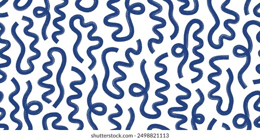 Blue ink brush bold lines vector seamless pattern. Hand drawn thick wavy geometric strokes, elements, stripes, forms.