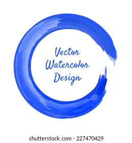 Blue ink brush circular frame design isolated over white. Vector illustration.