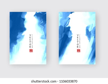 Blue ink brush stroke on white background. Japanese style. Vector illustration of grunge stains
