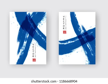 Blue ink brush stroke on white background. Japanese style. Vector illustration of grunge stains