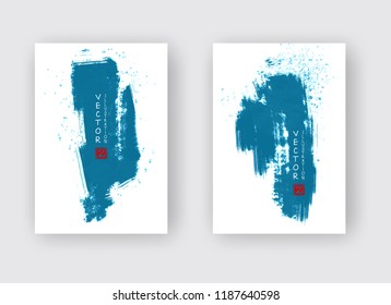 Blue ink brush stroke on white background. Japanese style. Vector illustration of grunge stains