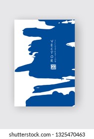 Blue ink brush stroke on white background. Japanese style. Vector illustration of grunge stains