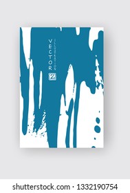 Blue ink brush stroke on white background. Japanese style. Vector illustration of grunge stains