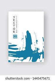 Blue ink brush stroke on white background. Japanese style. Vector illustration of grunge stains