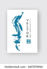 Blue ink brush stroke on white background. Japanese style. Vector illustration of grunge stains