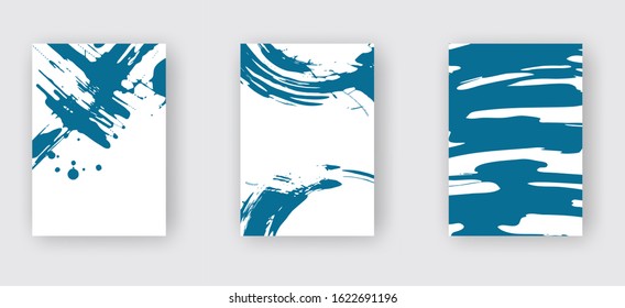 Blue ink brush stroke on white background. Japanese style. Vector illustration of grunge wave stains.Vector brushes illustration.