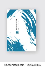 Blue ink brush stroke on white background. Japanese style. Vector illustration of grunge stains