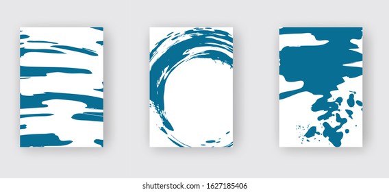Blue ink brush stroke on white background. Japanese style. Vector illustration of grunge wave stains.Vector brushes illustration.