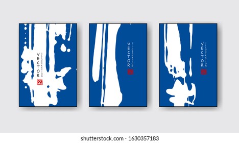 Blue ink brush stroke on white background. Japanese style. Vector illustration of grunge wave stains.Vector brushes illustration.