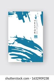 Blue ink brush stroke on white background. Japanese style. Vector illustration of grunge stains