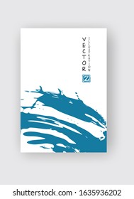 Blue ink brush stroke on white background. Japanese style. Vector illustration of grunge stains