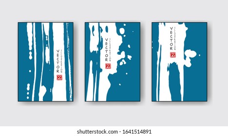 Blue ink brush stroke on white background. Japanese style. Vector illustration of grunge wave stains.Vector brushes illustration.