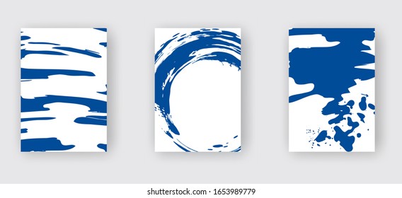 Pincel azul sobre fondo blanco. Al estilo japonés. Ilustración vectorial de las manchas de onda de grano.Vector pinza la ilustración.