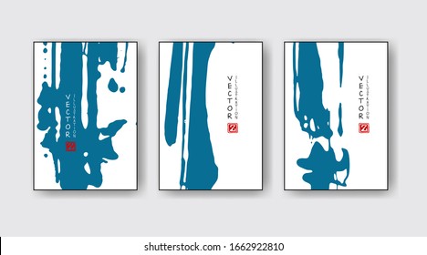 Blue ink brush stroke on white background. Japanese style. Vector illustration of grunge wave stains.Vector brushes illustration.