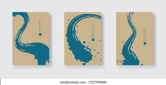 Blue ink brush stroke on color background. Japanese style. Vector illustration of grunge wave stains.Vector brushes illustration.