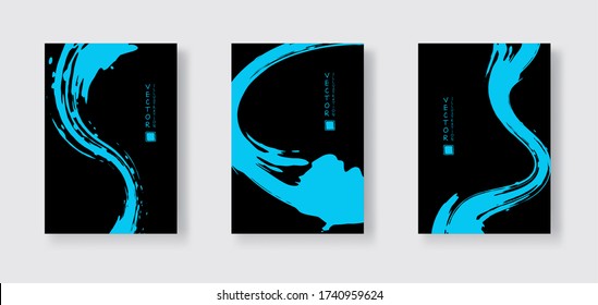 Blue ink brush stroke on black background. Japanese style. Vector illustration of grunge wave stains.Vector brushes illustration.