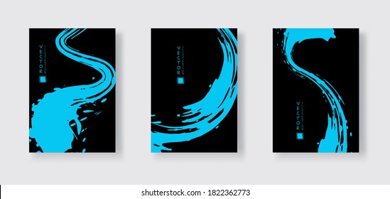 Blue ink brush stroke on black background. Japanese style. Vector illustration of grunge wave stains.Vector brushes illustration.