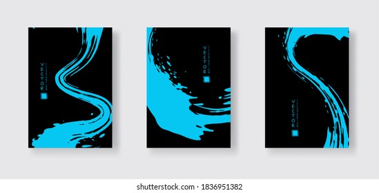 Blue ink brush stroke on black background. Japanese style. Vector illustration of grunge wave stains.Vector brushes illustration.