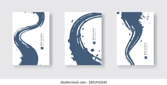Icono de pincel de tinta azul sobre fondo blanco. Estilo japonés. Ilustración vectorial de las manchas de onda de grano.Ilustración de pinceles vectorial.