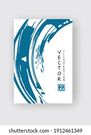 Blue ink brush stroke on white background. Japanese style. Vector illustration of grunge stains