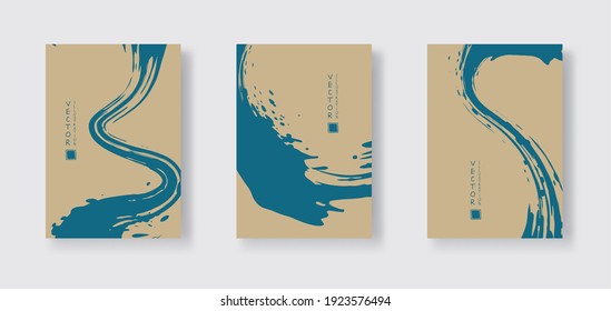 Blue ink brush stroke on color background. Japanese style. Vector illustration of grunge wave stains.Vector brushes illustration.