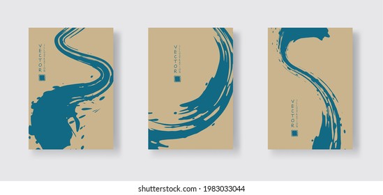 Blauer Pinselstrich auf Farbhintergrund. Japanischer Stil. Vektorgrafik von Grunge-Wellenflecken.Vektorgrafik bürstet.