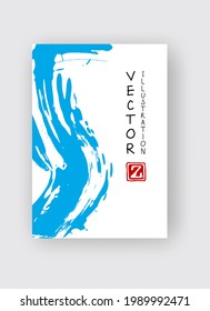Blue ink brush stroke on white background. Japanese style. Vector illustration of grunge stains