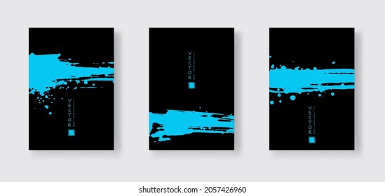 Blue ink brush stroke on black background. Japanese style. Vector illustration of grunge wave stains.Vector brushes illustration.