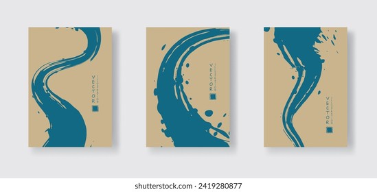 Blue ink brush stroke on color background. Japanese style. Vector illustration of grunge wave stains.Vector brushes illustration.