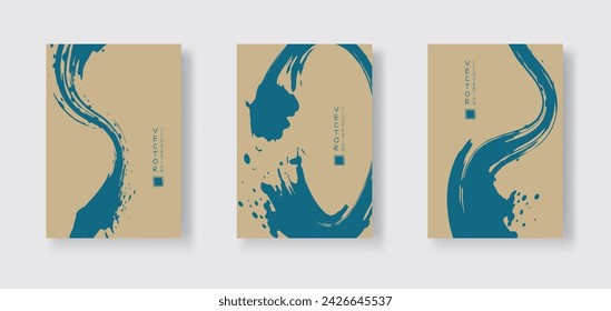 Blue ink brush stroke on color background. Japanese style. Vector illustration of grunge wave stains.Vector brushes illustration.