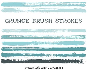 Blue ink brush strokes isolated design elements. Set of paint lines. Grungy stripes, textured paintbrush stroke shapes. Collection of ink brushes, stripes isolated on white, vector paint samples.