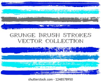 Blue ink brush strokes isolated design elements. Set of paint lines. Abstract stripes, textured paintbrush stroke shapes. Ink brush stripes isolated on white, vector wall paint samples set.