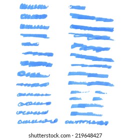 Blue ink brushes bright set. Watercolour vector illustration.