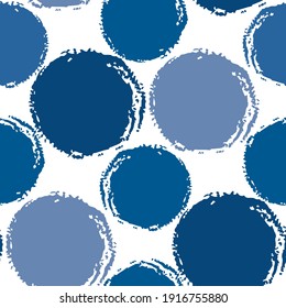 Blue ink circles isolated on white background. Cute geometric seamless pattern. Vector flat graphic hand drawn illustration. Texture.