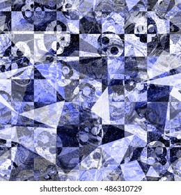 Blue, ink color. Grunge triangular texture with skulls and checkerboard pattern. Abstract seamless vector pattern for Halloween, fabrics, printing
