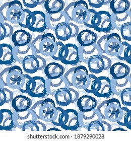 Blue ink contrasting circles isolated on white background. Cute geometric seamless pattern. Vector flat graphic hand drawn illustration. Texture.