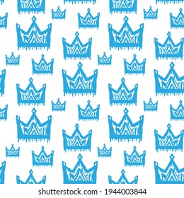 Blue ink crown isolated on white background. Cute monochrome seamless pattern. Vector simple flat graphic hand drawn illustration. Texture.