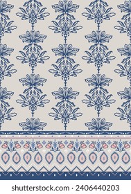 Blue Ink damask all over print with border print on beige background. Vector floral, paisley, geometric shapes seamless repeat pattern.