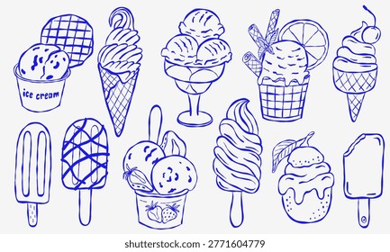 Blue ink doodle of assorted ice cream treats on light background. Includes cones, sundaes, popsicles, and waffle bowls. Sketchy style perfect for summer, dessert, or children themes