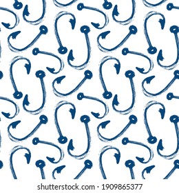 Blue ink fishing hooks isolated on white background. Cute monochrome seamless pattern. Vector flat graphic hand drawn illustration. Texture. Icon.