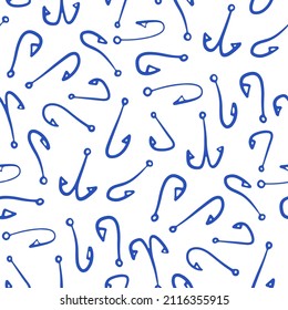 Blue ink fishing hooks isolated on white background. Cute monochrome seamless pattern. Vector simple flat graphic hand drawn illustration. Texture.