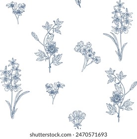 Blue ink flowers seamless pattern on white background for wrapping paper, print wallpaper and textile