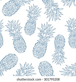 Blue ink hand drawn isolated pineapples seamless pattern on white background. Sketched abstract vector food illustration. Design artistic element for card, print, template, wallpaper, texture, cover