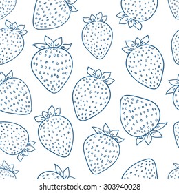 Blaue Tintenfisch handgezeichnet, einzeln auf Erdbeeren, nahtloses Muster auf weißem Hintergrund. Skizzierte abstrakte Vektorillustration Essensgrafik. Design-künstlerisches Element für Karte, Druck, Vorlage, Bildschirmhintergrund, Textur, Abdeckung