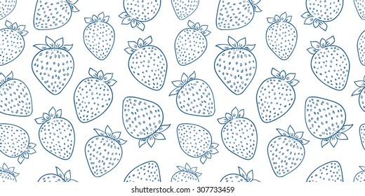 Blue ink hand drawn isolated strawberry seamless pattern on white background banner. Sketched abstract vector food illustration. Design artistic element for card, print, template, wallpaper, texture