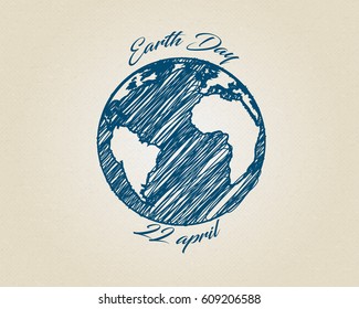 Blue ink ketch vector world globe planet with text around. Earth day drawing on recycling carton.