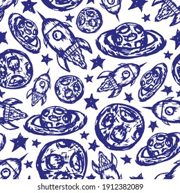 Blue ink line rockets, planets and stars isolated on white background. Cute space seamless pattern. Childish beautiful ink contour line art. Vector flat graphic hand drawn illustration. Texture.