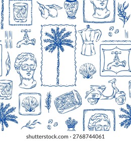 Blue ink Mediterranean seamless pattern with Greek statues, palm trees and lemons. Hand-drawn coastal siesta background.